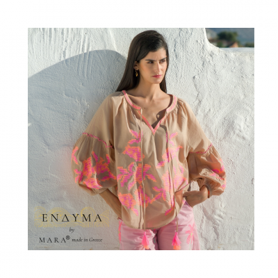 Beige tunic with pink/orange embroidery made from 100% cotton