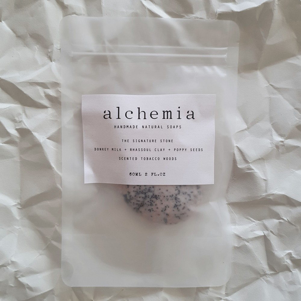 Alchemia Soaps | THE SIGNATURE STONE | DONKEY MILK + GHASSOUL CLAY + POPPY SEEDS| SCENTED TOBACCO WOODS Soften, Anti-aging, Reverse Collagen Beauty & Wellness