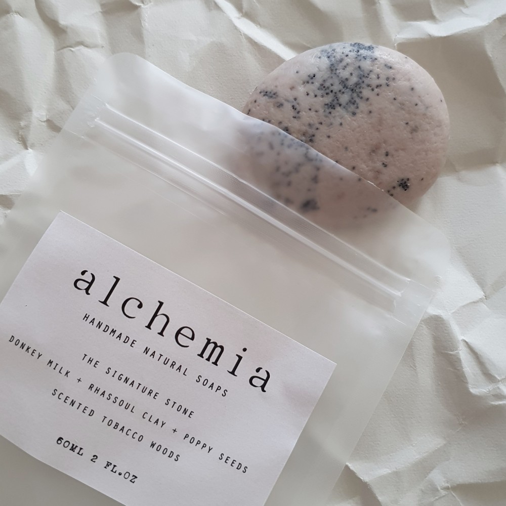 Alchemia Soaps | THE SIGNATURE STONE | DONKEY MILK + GHASSOUL CLAY + POPPY SEEDS| SCENTED TOBACCO WOODS Soften, Anti-aging, Reverse Collagen Beauty & Wellness